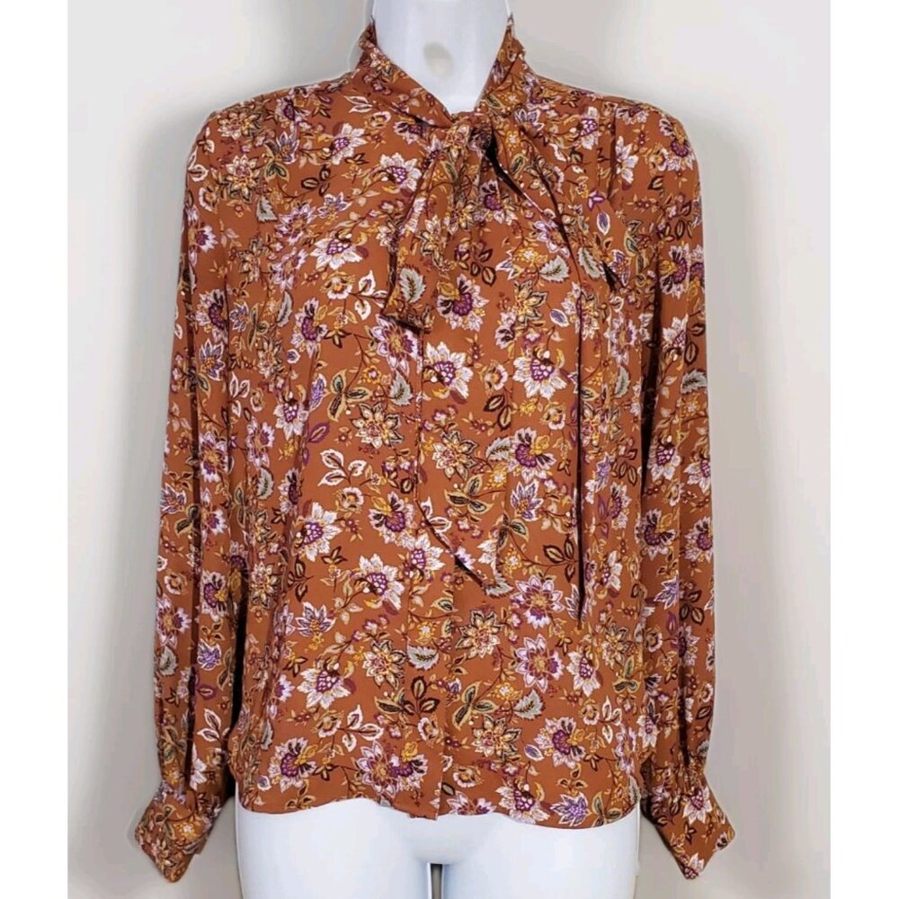 Loft Women's Floral Woven Blouse Bow Tie-neck Size XS Top